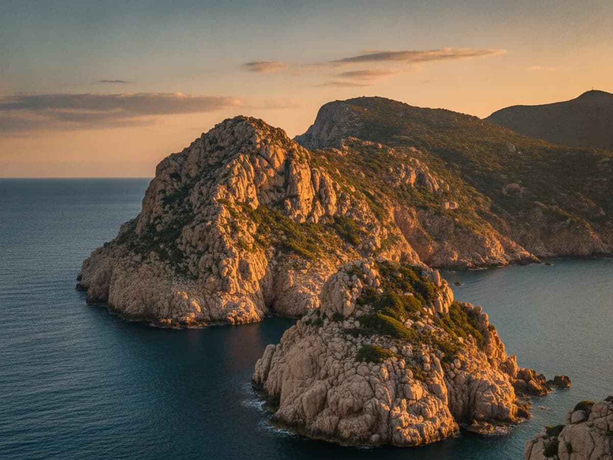 Mittelmeerküste im Sonnenuntergang, sinnbildlich für Sardinien