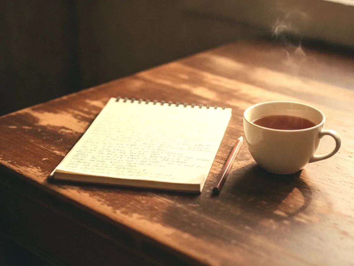 Notizblock, Stift und Tasse Tee auf einem Holztisch