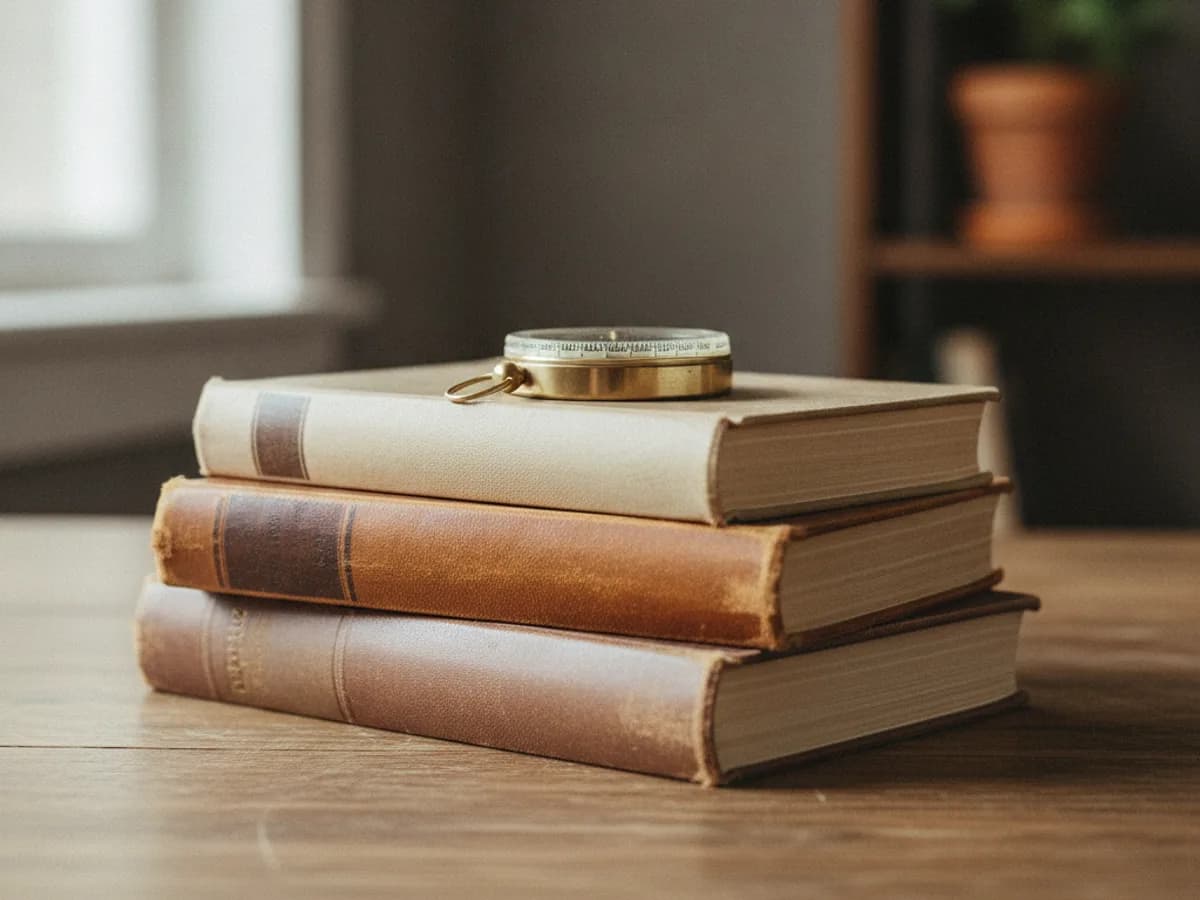 Alte Bücher mit einem Kompass, sinnbildlich für Wissen und Weiterbildung