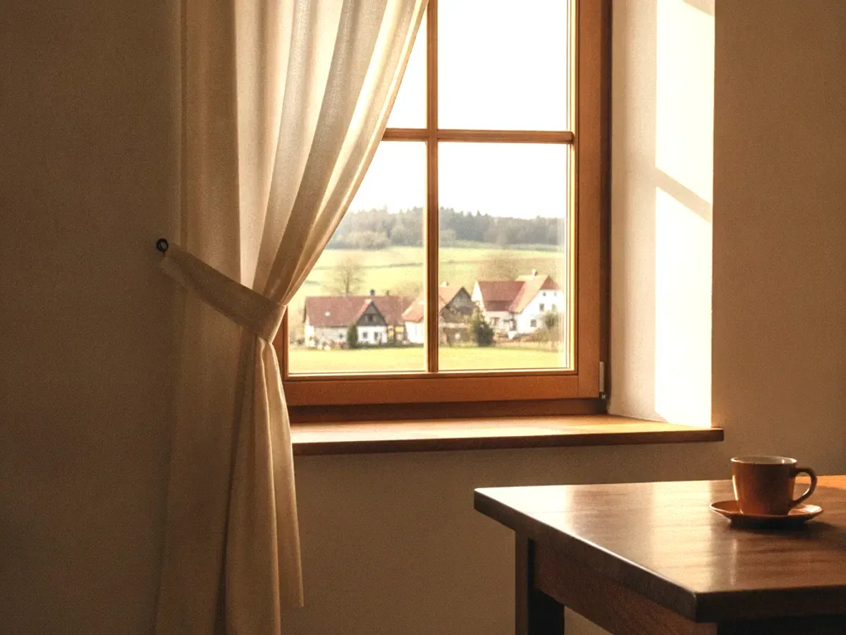 Fenster mit Blick auf die Südwestpfalz im weichen Tageslicht