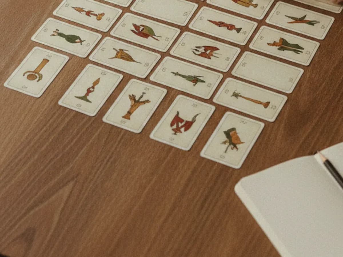 Ausschnitt einer ausgelegten Grossen Tafel: Lenormandkarten in Reihen auf einem Holztisch, daneben ein aufgeschlagenes Notizbuch