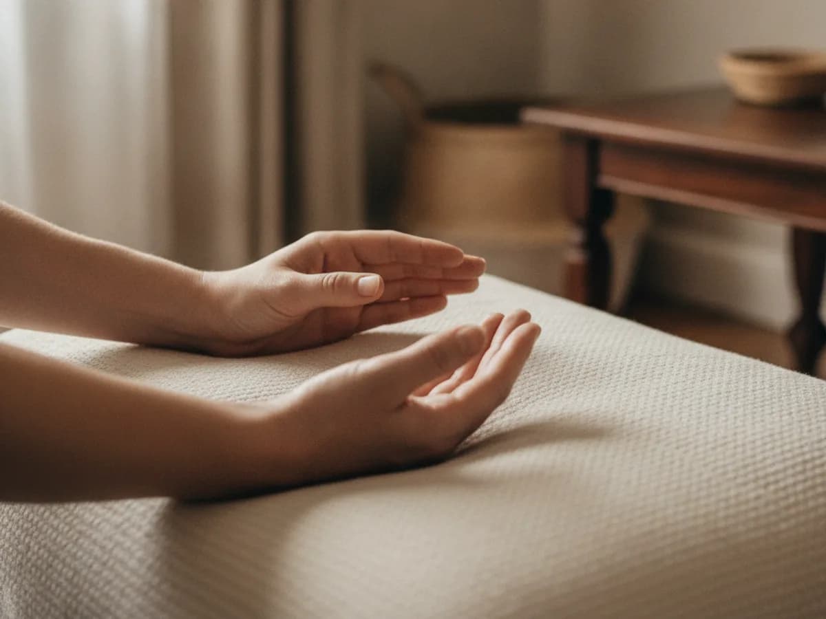 Hände in Reiki-Handhaltung über einem Kissen